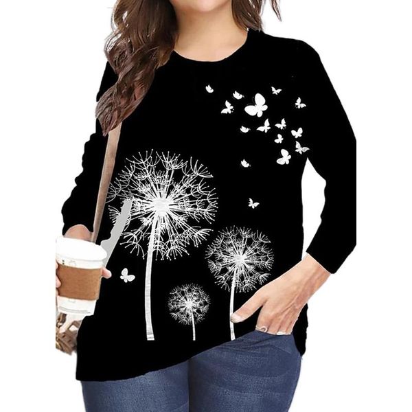 

t-shirt women's plus size dandelion printed long sleeve loose tshirt fashion black streetwear ladies large size casual tunic top