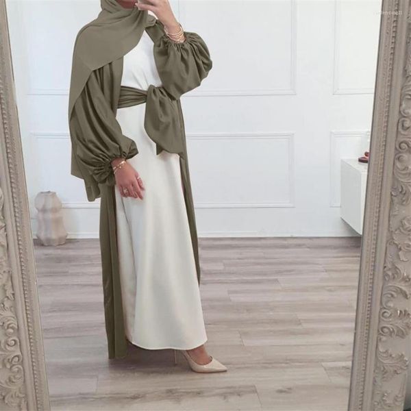 

ethnic clothing muslim satin open abaya dress kimono for women summer fashion cardigan puff sleeve hijab robe inner dubaturkey clo2748, Red
