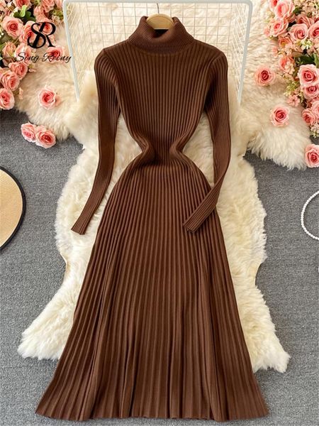

dresses singreiny women pleated knitted dress turtleneck long sleeve elastic slim pencil dress autumn winter bodycon sweater dress, Black;gray
