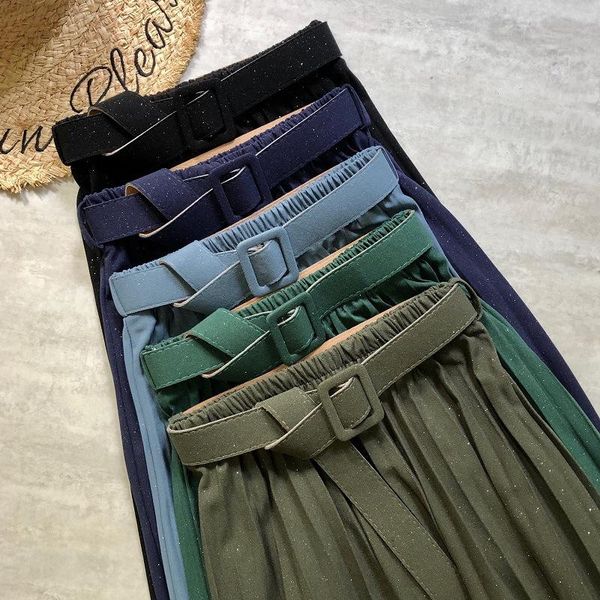 

dresses autumn winter new streetwear skirt fashion pleated skirt with belt shiny glitter pleated women a line midi skirt vintage, White;black