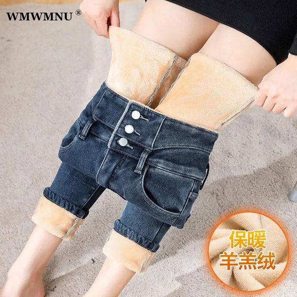 

jeans winter thick lambswool vintage skinny high waist jeans women plus size slim warm fleece denim trouser casual stretch pencil pant, Blue