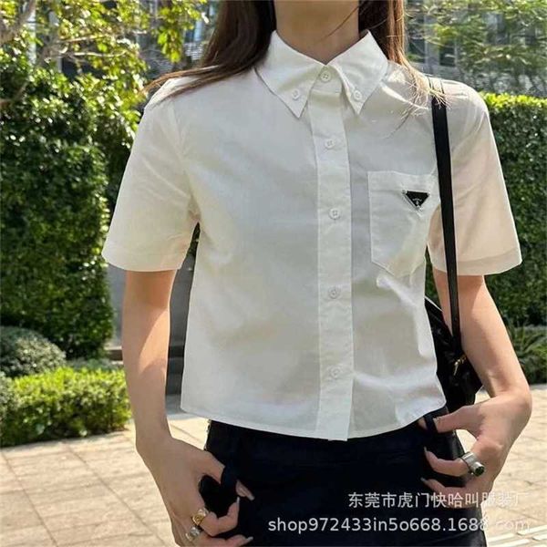 

20% off family metal inverted triangle pocket for women's summer new single breasted short casual versatile shirt, White