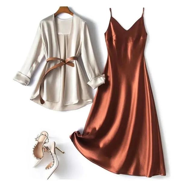 

dress satin spaghetti strap dress 2 piece set women office lady thin blazer with belt elegant sleeveless long dress suit, White