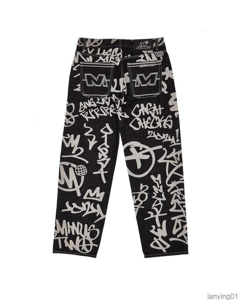 

women's jeans minus two denim printed loose wideleg pant's street trend men's oversized retro casual trousers baggy y2k 23040, Black;brown