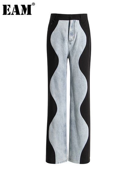 

women's jeans eam high waist blue denim long colorblock wave wide leg loose women trousers fashion spring autumn 2023 1de9731 230422