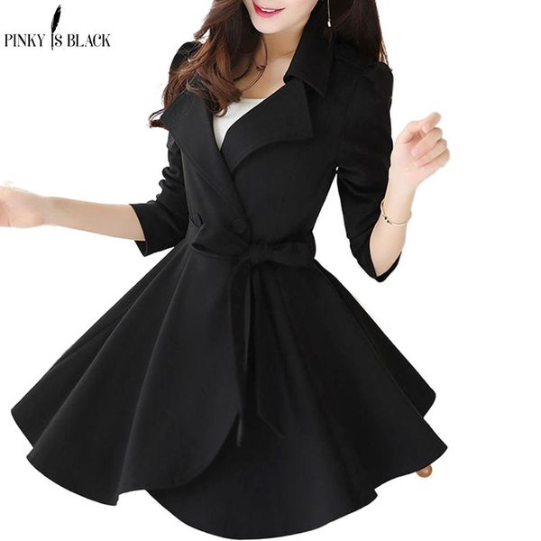 

raincoats pinkyisblack elegant ruffle turn down collar trench coat women sash high waist autumn winter long sleeve skirt coat female, Black