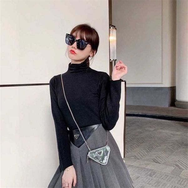 

20% off family spring/summer new fashion classic triangle waist panel leather heavy work pleated versatile half skirt, Black