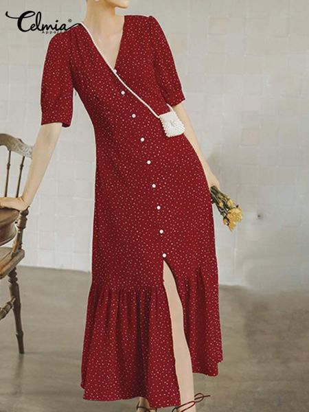 

dresses celmia bohemian polka dot sundress elegant split women ruffle beach vestido vneck french puff sleeve midi dress slim dress, Black;gray