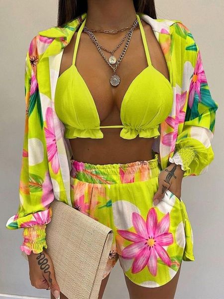 

dress cutubly three two 3piece women's sets outfits female clothing 2022 sping halter bra long sleeve crop shorts tracksuit, White