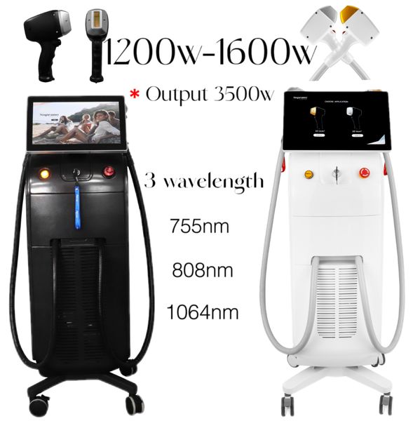 

2 handles 1200w 1600w triple wavelength diode laser hair removal machine 755 808 1064 diode laser painless permanent hair removal skin rejuv, Black