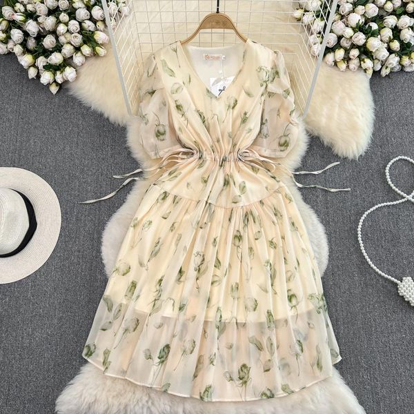 

dresses summer chic and elegant women dress ball gown printed chiffon draw string midi vestidos see through draped short robe new in, Black;gray