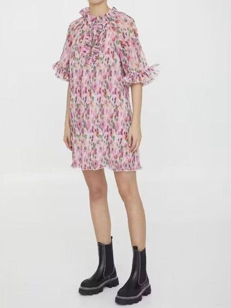 

dresses 2023 spring summer new women's dress pink floral pleated collar tie lace sleeve dress mini dress, Black;gray