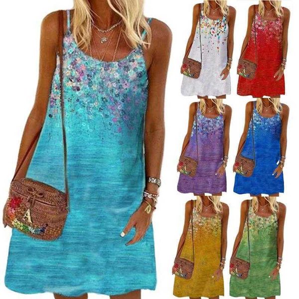 

womens summer sleeveless printed dress loose beach with suspenders, Black;gray