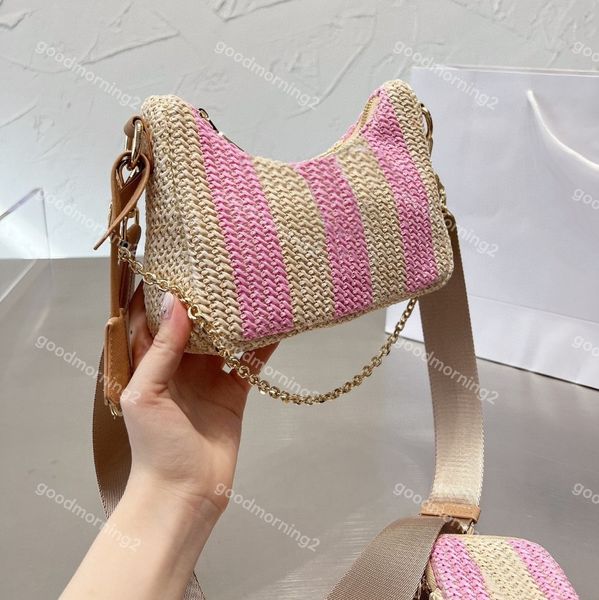 

grass woven 3 piece bag designer hobo half moon underarm shoulder bags 2005 women crossbody metal chain handbag luxury fashion small purse b