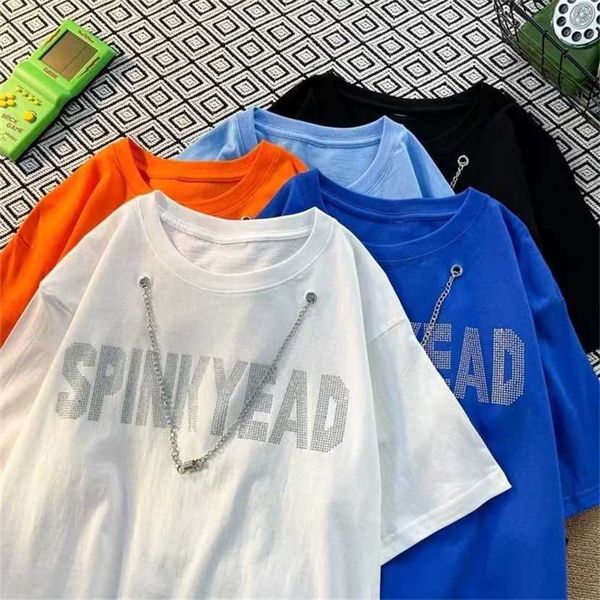 

24% off hip hop street letter diamond short sleeve t-shirt men's ins fashion american couple loose casual top, White;black