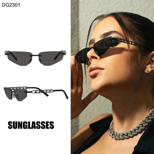 

Cool men and women designer high-quality rectangular frameless cat eye metal sunglasses eyeglasses with temple letter connection DG2301 driving street shooting