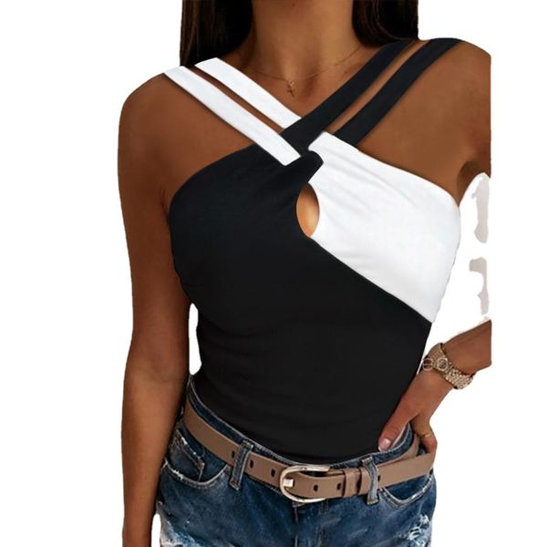 

t-shirt summer women new fashion hollow out streetwear blouse colorblock crisscross halter tank sleeveless skinny, White