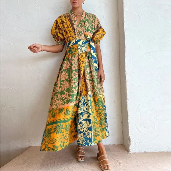 

australian designer dress v neck puff sleeve floral printed long dress, Black;gray