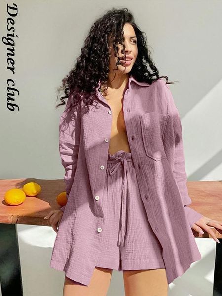

dress women summer casual cotton 2 pieces sets fashion solid long sleeve ruched lace up shorts suits female elegant loose outfits, White
