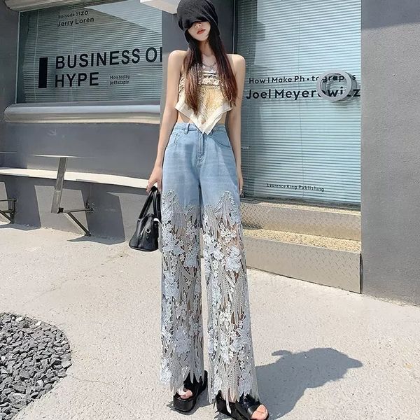 

women's jeans summer loose and versatile hollow out lace stitching denim pants women high waist wide leg pants female casual trousers 2, Blue