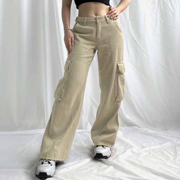

women's jeans autumn fashion loose streetwear multipocket denim trousers low waist y2k mom jean straight cargo baggy 230422, Blue
