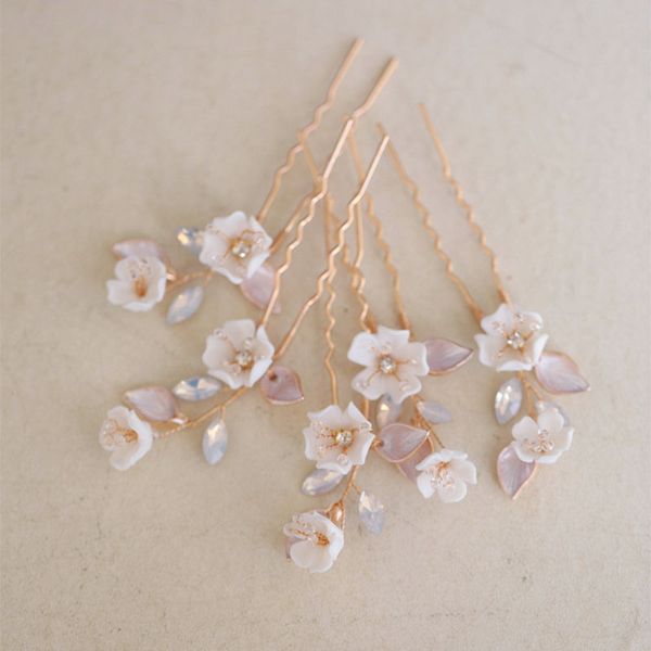 

bridal hair pins set wedding hair piece women headpiece ceramic flower, Silver