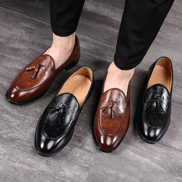 

dress shoes men brown black loafers tassels handmade business solid round toe slipon for 230422