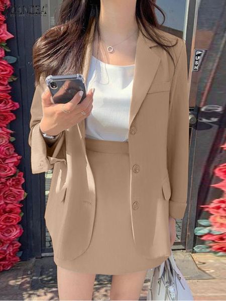 

two piece dress zanzea fashion ol blazer matching sets lapel neck long sleeve blouse short skirt woman summer elegant tracksuits femme work, White