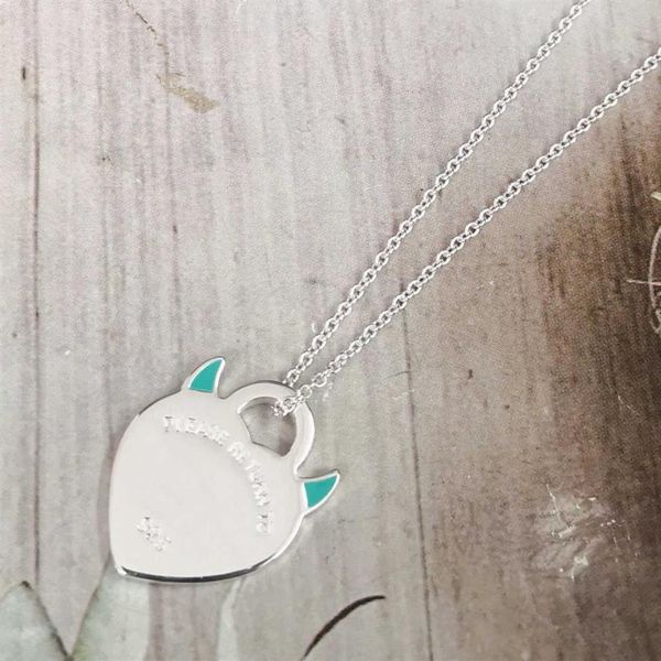 

heartshaped ms s925 pure silver classic pink enamel devil horns silver necklace pendant cyan blue glue heartshaped necklace h09194321o