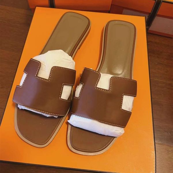 

sandals for women's summer slippers brown black real leather classic ladies h slipper fashion designer beach sandal size 35-42 with dus