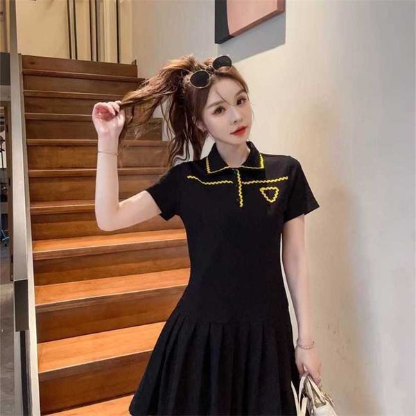 

24% off family spring/summer new fashion inverted triangle pattern academy style reduced age versatile polo neck short sleeve dress, Black;gray