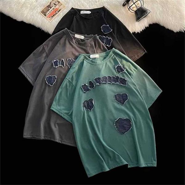 

20% off hiphop love denim patch short men's fashion loose american street half sleeve t-shirt, White;black