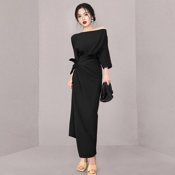 

dresses fashion designer autumn onepiece long dress elegant women off shoulder batwing sleeve bow lace up black bodycon party vestidos, Black;gray