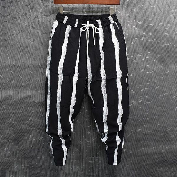 

pants fashion spring hip hop striped pants men loose joggers streetwear harem pants clothes cuffed ankle length trousers, Black