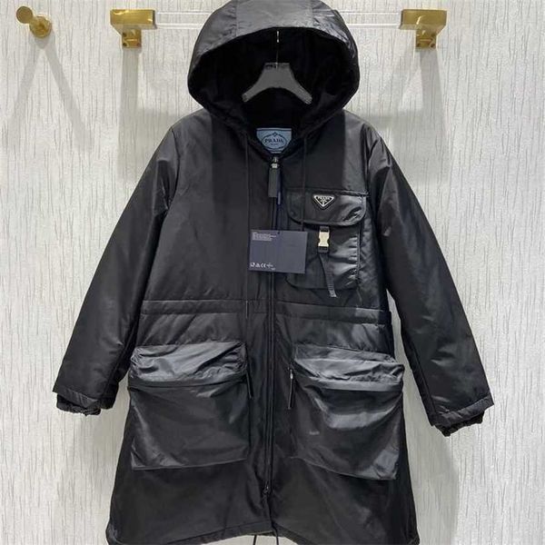 

24% off family autumn/winter new classic regenerated nylon large pocket metal triangle warm hooded waist cotton coat, Black