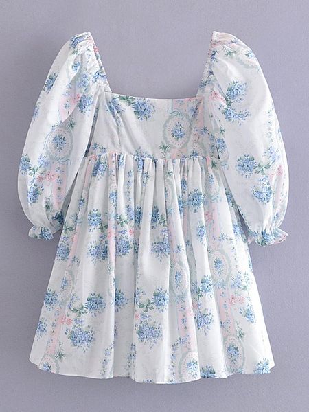 

dresses yenkye 2022 women blue floral print holiday princess dress elegant square neck puff sleeve ladies party mini dresses summer robe, Black;gray