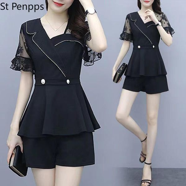 

dress 2022 female patchwork lace flare sleeve slim elastic high waist shorts fashion two piece clothes suit women black casual set, White