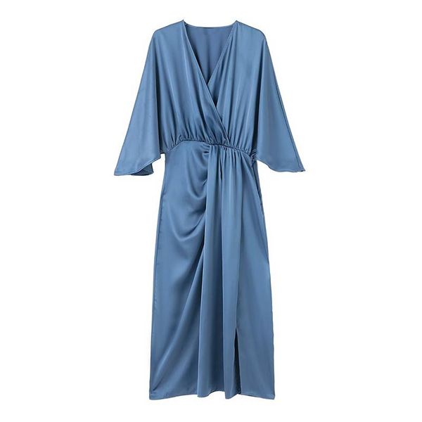

dresses women's satin texture dress spring autumn v neck ladies casual dresses high waist solid casual midi dress for female 2023, Black;gray
