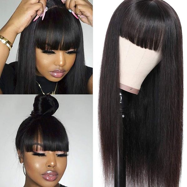 

Full Bangs Natural Black Long Silky Straight Wig with Baby Hair Heat Resistant Glueless Synthetic None Lace Wigs for Fashion Black women