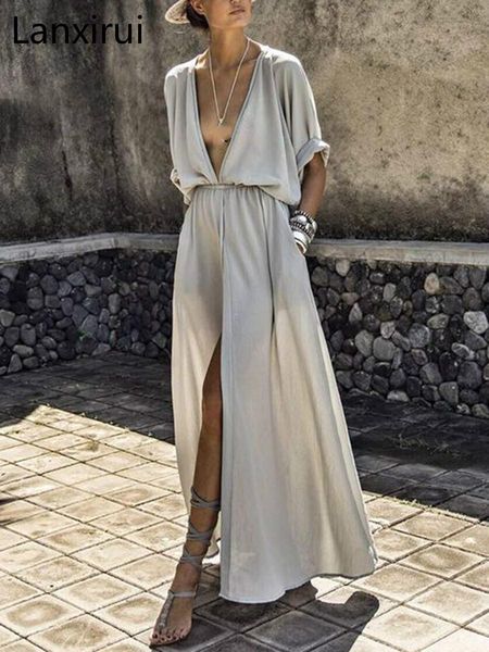 

dresses women dress deep v neck elastic waist plain split dress solid chiffon maxi dress ladies beach party dress drop shipping, Black;gray