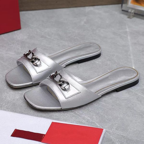 

comfortable slippers fashion designer women flat sole sandals genuine leather silver metal chain decoration classic dinner scuffs beach shoe, Black
