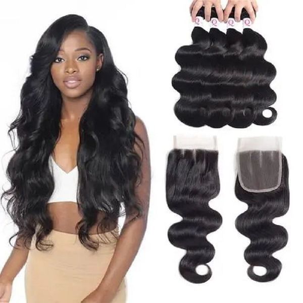 

body wave brazilian virgin hair bundles with closure dyeable natural peruvian malaysia indian human hair 8-34inch h01, Black