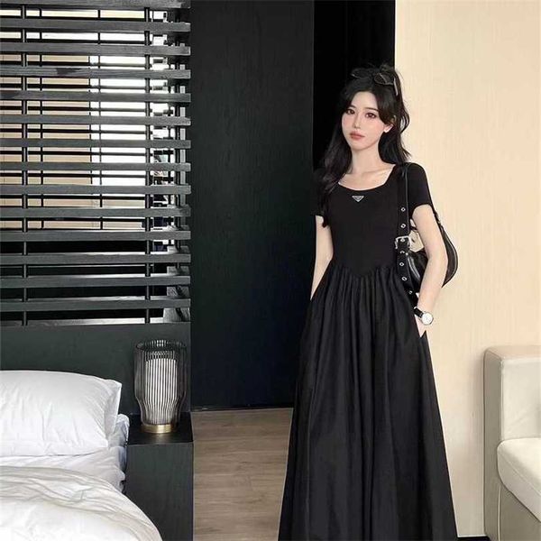 

22% off family spring/summer new french style triangle micro label decoration double pocket short sleeve pleated large swing long dress, Black;gray