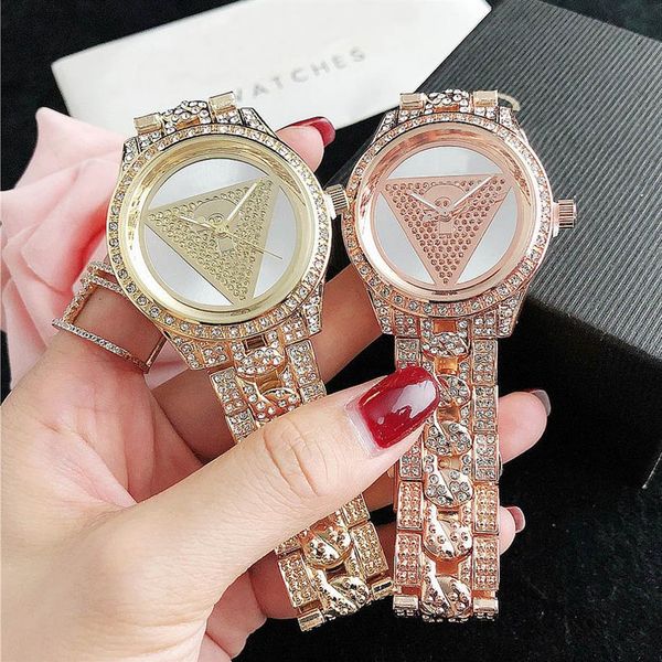 

brand watches women lady girl diamond crystal triangle question mark style metal steel band quartz wrist watch gs 43262r, Slivery;brown