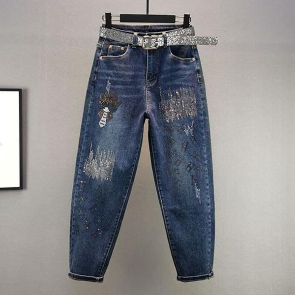 

jeans drilling harem jeans women high waist cotton elastic loose allmatch denim pants s183, Blue