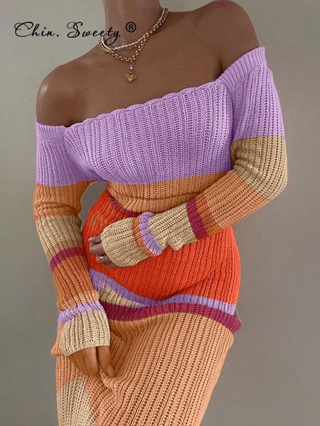 

dresses y2k off the shoulder women dress 2022 summer knit colored striped long sleeve female dresses elegant beach lady maxi robe, Black;gray