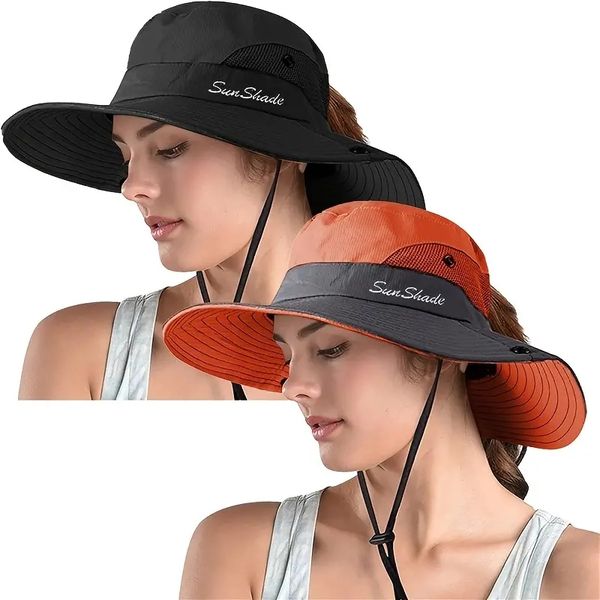 

outdoor hats summer sun hat with rope, fashion casual ponytail hat, uv protection visor sun cap, wide brim beach cap sun visor hat, Black;white