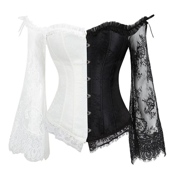 

women styling corsets long sleeve lace corselet lace up bustiers korset for posture party club wedding plus size240m, Black;white