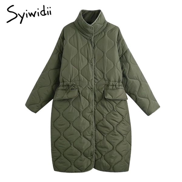 

leather syiwidii oversized womens winter jacket argyle stand collar long coat adjustable waist army green outerwear cotton lined parkas, Black