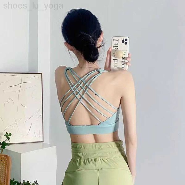

lu113 shockproof cross straps bra yoga outfit running gym sport tank widen hem push up workout fitness undershirt women crop brassiere